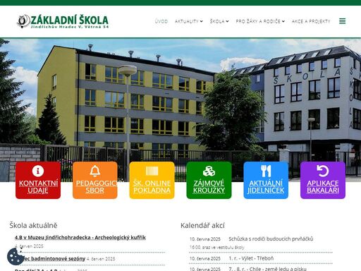základní škola jindřichův hradec v, větrná 54 nabizi vyučování v moderní budově se čtyřmi interaktivními tabulemi a dvěma počítačovými učebnami, dále výuku v odborných učebnách fyziky, chemie, přírodopisu, hudební a výtvarné výchovy a mnohem více...