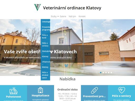 veterinární ordinace klatovy, koldinova 272, telefon: 378 605 663, plzeňský kraj. pohotovostní služby, hospitalizace, široká nabídka produktů, moderní vybavení, vakcinace, antiparazitní ošetření, rentgenologické a usg vyšetření, odběr krve a krevní testy, vyšetření moči, případná biopsie podezřelých útvarů, stomatologie, oftalmologie, . kočky, psi, drobní savci, koně.