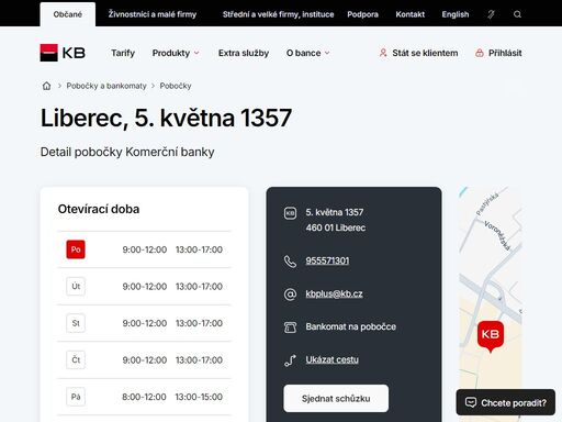 seznam a vyhledávání poboček a bankomatů komerční banky.
