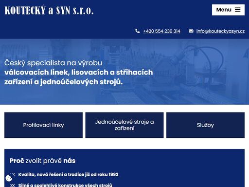 jsme česká firma specializovaná na výrobu válcovacích linek na tenkostěnné profily, vývoj a výrobu lisovacích a střihacích zařízení, jednoúčelových strojů a v neposlední řadě i výrobu tenkostěnných profilů. zjistěte o nás více.