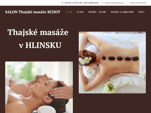 provádíme všechny druhy thajských masáží jižního typu. dopřejte svému tělu i mysli hýčkání v našem masážním salonu v hlinsku. mezi naše služby patří i prodej thajských masážních krémů a olejů. v našem klidném prostředí si můžete dopřát thajský čaj či jiné nealkoholické nápoje.