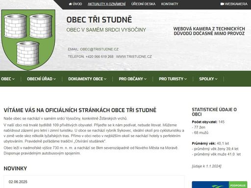 oficiální webové stránky obce tři studně s webovou kamerou. obec ležící na vysočině, nedaleko žďár nad sázavou a nové město na moravě.