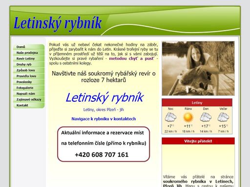 stránky soukromého rybářského revíru letinský rybník, letiny - okres plzeň jih, private sports angling ground, carp pond -  letiny, czech