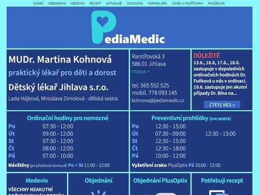 pediamedic, pediatrie. dětská ambulance, dětský lékař jihlava pediatr, rantířosvká3, ordinační hodiny. mudr. martina kohnová.