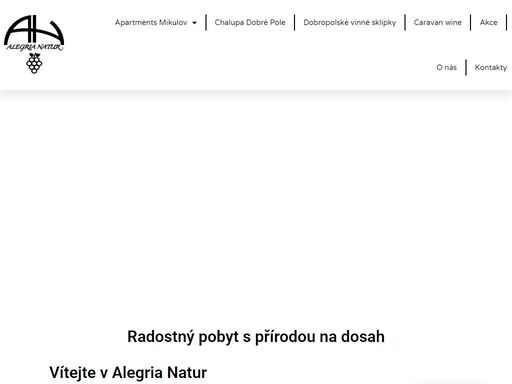 vítejte v alegria natur. rádi vás ubytujeme v rekreačním apartmánovém domě s bazénem v historickém městě mikulovu, perle jižní moravy pod pálavou. ve vinařské vesničce dobré pole prožijete příjemnou rodinnou dovolenou v chalupě se zahradou, vykoupete se v bazénu a s přáteli ochutnáte burčák i víno z našich vinic ve sklípku u cyklostezky. mikulov ubytování