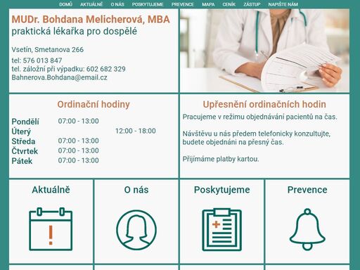 mudr. bohdana melicherová (roz. bahnerová) - oficiální stránky.  praktická lékařka pro dospělé, vsetín smetanova 266, ordinační hodiny.