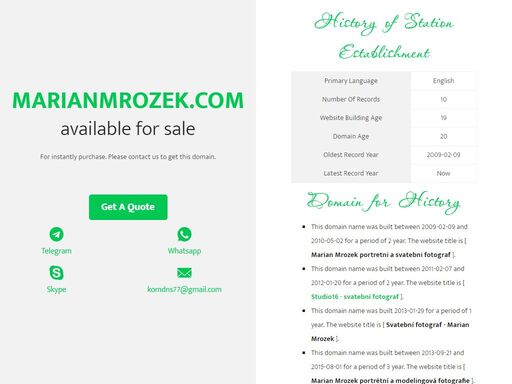 marianmrozek.com this domain name is for sale. owning a suitable domain name will help you achieve greater success in your career. for any business consultation about marianmrozek.com, please contact us! ! !