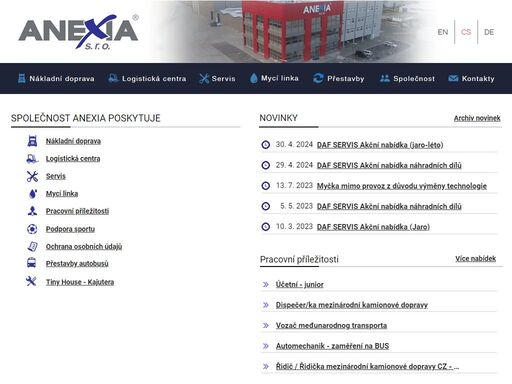 anexia s.r.o. je největší dopravní firmou v okrese rakovník. mezi naše hlavní činnosti patří mezinárodní a vnitrostátní nákladní doprava, spedice, skladování a logistika, servis daf, opravy a údržba nákladních vozidel, autobusů, osobních a dodávkových vozidel.