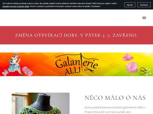 úvodní stránka kamenné prodejny alli galanterie, pražské textilní galanterie.