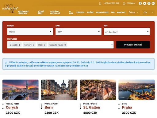 nobless line provozuje spojení luxusními autobusy do švýcarska. cestování na trasách praha - bern, praha - curych nebo praha - st.gallen nikdy nebyla příjemnější.