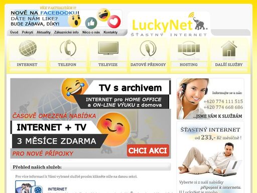 bezdrátové a optické připojení k internetu č. budějovice a č.krumlov a okolí. luckynet = internet, telefon, televize.