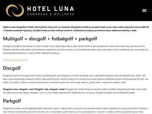 discgolfové hřiště na vysočině pro návštěvníky hotelu luna. užijte si tento moderní a oblíbený sport. ideální pro firemní akce. hřiště je k dispozici celý den.