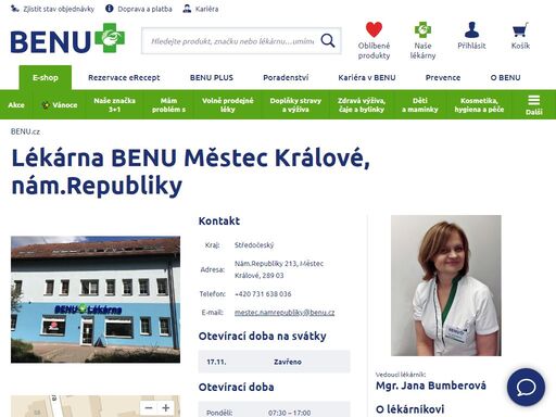 ?bezbariérová lékárna benu s otevírací dobou ve všední dny od 7:30 do 16:30. zaměření lékárny je dětský sortiment, geriatrická péče a péče o zuby.?