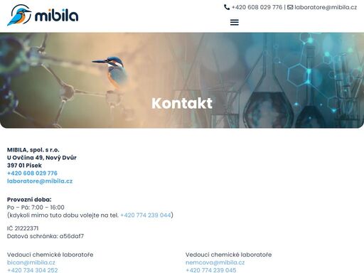 chemická a mikrobiologická laboratoř. adresa: u ovčína 49, 397 01 písek. telefon: +420 608 029 776, e-mail: laboratore@mibila.cz.