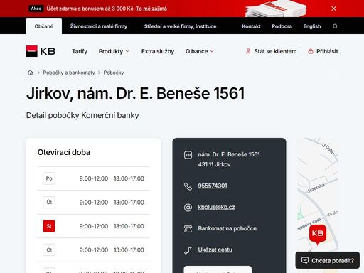 seznam a vyhledávání poboček a bankomatů komerční banky.