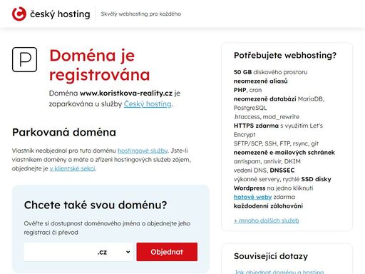 doména www.koristkova-reality.cz je parkována u služby český hosting. vlastník k doméně neobjednal hostingové služby.