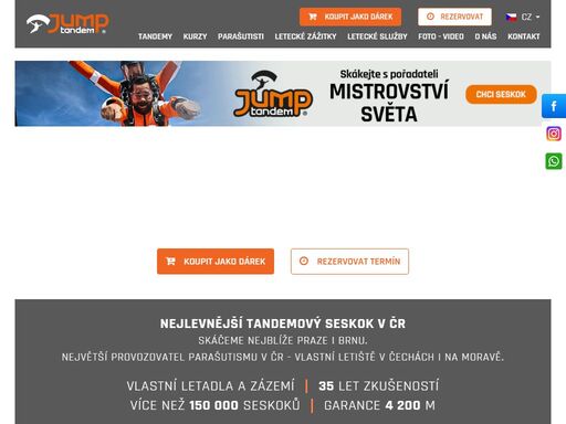 tandemový seskok ze 4000m od jediných profesionálů v čr, kteří uskutečnili i mistrovství světa pro 600 parašutistů. exkluzivní kovové balení pro vaše tandemové seskoky. s námi jste 100% v bezpečí!