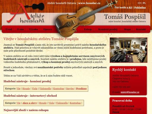 v houslařském ateliéru se od roku 2002 zabýváme výrobou a kompletním servisem smyčcových hudebních nástrojů a smyčců. součástí je i prodejna, kde zajišťujeme prodej veškerého hudebního příslušenství, výkup a komisní prodej smyčcových nástrojů a smyčců.
