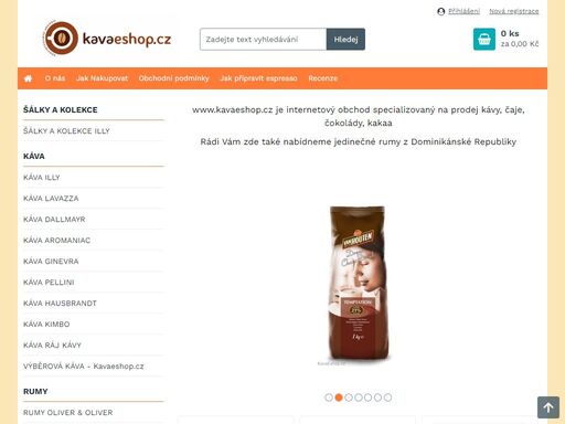 prodej zrnkové a mleté kávy, illy, lavazza, dallmayr, čajů ronnefeldt, čokolády valrhona, rumů oliver a oliver, šálků na kávu a kolekcí šálků illy