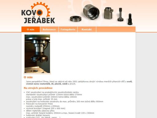 oficiální web firmy kovo jeřábek, která se zabývá zakázkovou strojní výrobou menších přesných dílů z ocelí, včetně nerez materiálů, al, plastů, mědi a jiných