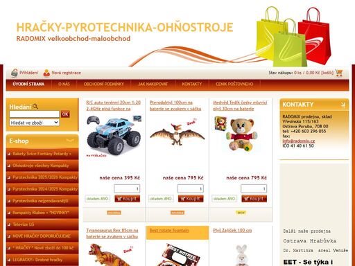 eshop-prodejna-sklad v ostrava-porubě u letního koupaliště vřesina.  nafukovačky - ohňostroje pro slavnostní příležitosti, pyrotechnika profesionální i zábavná. hračky pro děti,pro kluky i holky,pro nejmenší,na vodu,písek i zahradu.