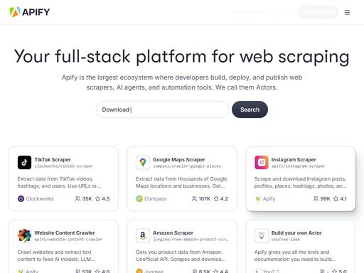 cloud platform for web scraping, browser automation, ai agents, and data for ai. use 5,000+ ready-made tools, code templates, or order a custom solution.
