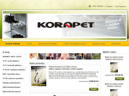 webová prezentace a online obchod / e-shop výrobce trubkových radiátorů české kvality. vyrábíme vysoušeče obuvi, trubkové radiátory dokonalé v každém detailu vhodné zejména do koupelen. korapet s.r.o. z dolních štěpanic se těší na vaše objednávky.