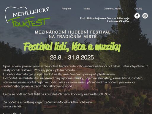 mohelnický folkfest navazuje na dlouholetou tradici mohelnického dostavníku. poslední prázdninový víkend plný folk&country muziky, kamarádství, úsměvů, stanování, jamování či společného zpívání u tradičního táborového ohně.