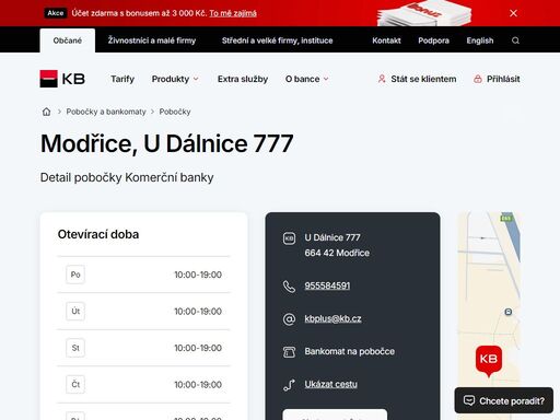 seznam a vyhledávání poboček a bankomatů komerční banky.