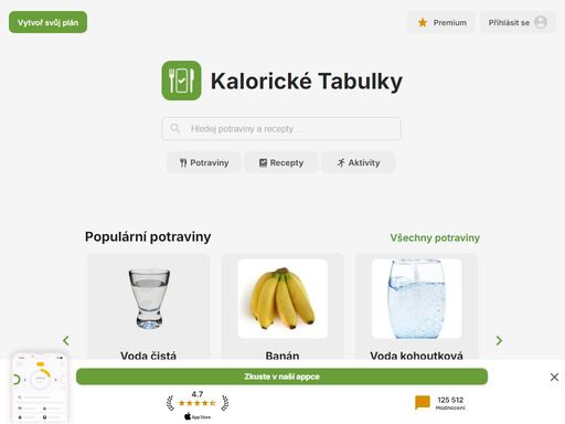 kalorické hodnoty tisíců potravin. energetický výdej aktivit. vlastní jídelníček pro každodenní evidenci energetického příjmu a;výdeje