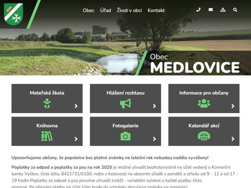 obec medlovice, medlovice, obecní úřad, úřední deska oficiální stránky obce medlovice
