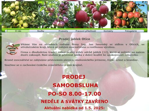 vítejte na farmě ing. jana janovského jablka otice, ležící v ladově kraji, která vám nabízí 15 odrůd jablek, brambory, cibuli, česnek, med. přijeďte si vybrat ze široké nabídky námi vypěstovaných šťavnatých jablíček např. rubín, spartan, golden, gala, topaz, atd.., pro chutný brambor z kterého si vytvoříte skvělý bramborový salát, či lahodnou kaši. 
