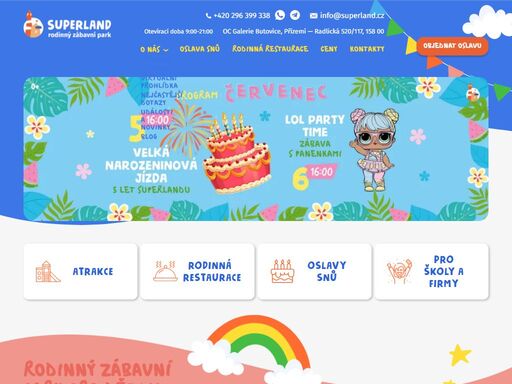 superland je nejlepší dětský zábavní park v praze! krytý i venkovní rodinný park s atrakcemi a zážitkovým programem pro děti všech věkových kategorií. čekají vás herny, dětské koutky, vnitřní hřiště a spousta zábavy pro nejmenší i starší děti. přijďte si užít den plný radosti s celou rodinou do zábavního parku v česku, ideálního i pro malé dobrodruhy!