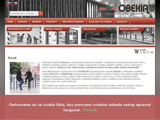 internetový obchod obexia.cz nabízí široký sortiment produktů -  exteriérové a interiérové vitríny, světelné a reklamní panely, dopravní zrcadla, bezpečnostní zrcadla, městský mobiliář, parkovací zábrany a závory.