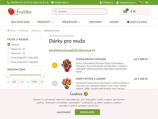 objednejte online kytici z ovoce, klasickou květinu, dort nebo jiný dárek. k dispozici je vám frutiko pobočka praha i brno, nebo doprava po celé čr.