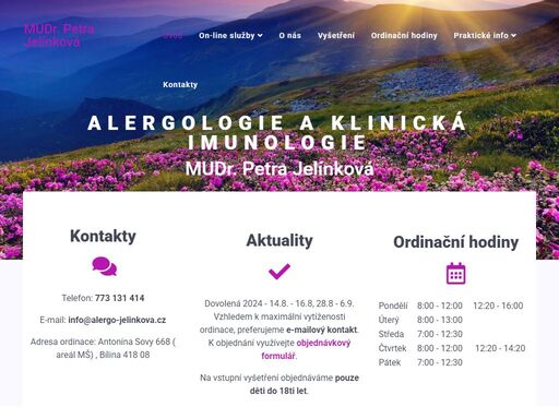 mudr. petra jelínková ordinuje v bílině. její ordinace se specializuje na alergologii a imunologii. těšíme se na vaši návštěvu.