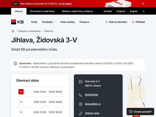seznam a vyhledávání poboček a bankomatů komerční banky.
