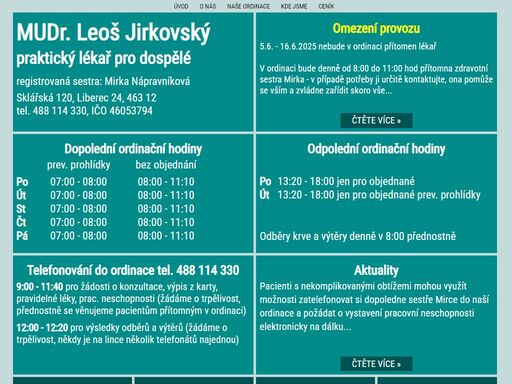 mudr. leoš jirkovský - stránky ordinace praktického lékaře pro dospělé, liberec, pilínkov 120, ordinační hodiny