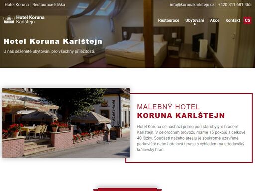 hotel koruna se nachází přímo pod starobylým hradem karlštejnem. svoji pohostinnost nabízí restaurace a dva stylové salonky s 150 místy u stolů. letní terasa má 100 míst s nejkrásnějším výhledem na hrad a okolní zalesněné stráně.
