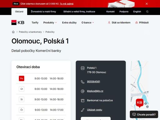 seznam a vyhledávání poboček a bankomatů komerční banky.