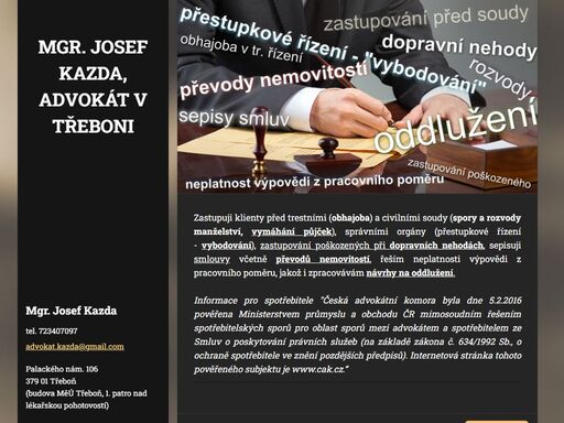 zpracovávám kupní a darovací smlouvy, zastupuji v civilním a trestním řízení, jakož i v řízení o přestupcích - vybodování, rozvody, zastupování poškozeného (dopravní nehody) a zpracovávání insolvenčních návrhů - oddlužení.