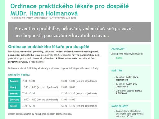ordinace praktického lékaře pro dospělé, mudr. hana holmanová, praha