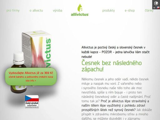 allivictus – to je nejpřirozenější farmakologická forma českého česnekového přípravku s maximem aktivních účinných látek česneku, komplexu sírných sloučenin.