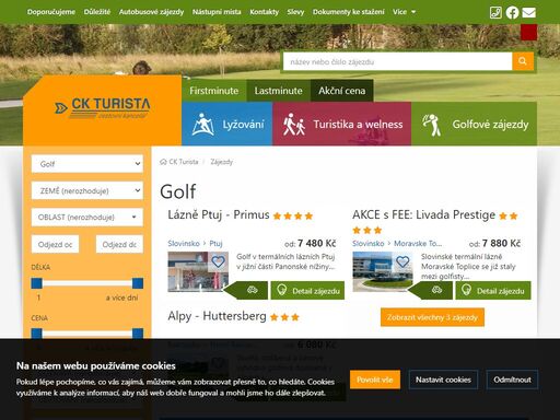 cestovní kancelář ck turista již 29 let nabízí turistiké a lyžařské zájezdy do alp. od roku 2007 připravuje také golfové zájezdy a wellness pobyty. výhodná dovolená v alpách, zaměřená především na lyžování, turistiku, golf a wellness je naší prioritou. můžete s námi vyjet do osvědčených destinací jako je rakousko, itálie, slovinsko, německo a další. připravujeme nejen týdenní zájezdy, ale také víkendové pobyty často spojené s relaxací a wellness. v naší nabídce najdete jak autobusové zájezdy tak
