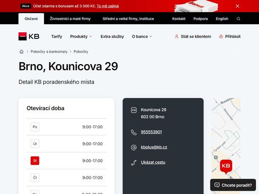 seznam a vyhledávání poboček a bankomatů komerční banky.