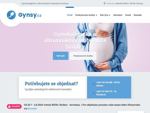 potřebujete se objednat? využijte následujících telefonních kontaktů: +420 730 196 688 - mudr. richter +420 737 595 737 - dr. žitniková důležité od 7.7 - 20.7.2025 včetně mudr. richter - dovolená. / pro objednání prosíme volat mimo dobu ultrazvuku viz kontakt poskytované služby ambulace naše ambulance v centru města nabízí komplexní gynekologickou a prenatální péči.