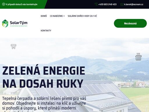 zelená energie na dosah ruky tepelná čerpadla a solární řešení přímo pro váš domov. objednejte si instalaci na klíč a užívejte si pohodlí a úspory, které přináší moderní obnovitelné zdroje. co nabízíme chyba: kontaktní formulář nebyl nalezen. komplexní řešení pro váš energeticky soběstačný domov tepelná čerpadla nibe přechodem na tepelná čerpadla snížíte své energetické náklady