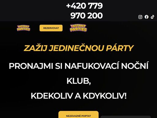 nafukovací noční klub přímo na tvoji akci. naše párty stany mají navíc možnost nadupaného bluetooth ozvučení, kompletního laserového/osvětlovacího systému, kvalitního mlhovače a dalšího párty vybavení, které ti poskytne atmosféru jako v nočním klubu.