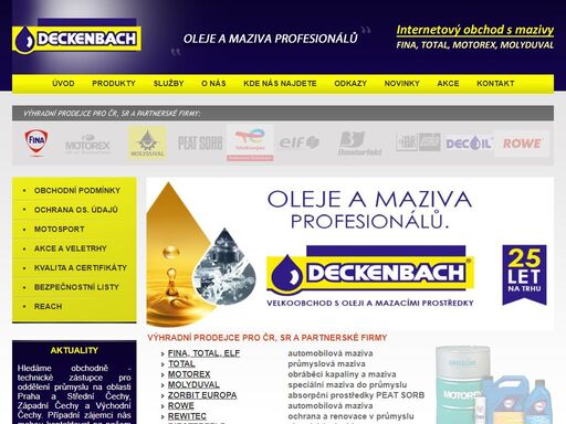 úvod  | deckenbach cz, s.r.o. - namažeme vše co budete chtít. velkoobchod s minerálními oleji, absorbčními prostředky, speciálními mazivy a chemickými výrobky. nabízíme kompletní sortiment maziv pro automobily a průmysl.