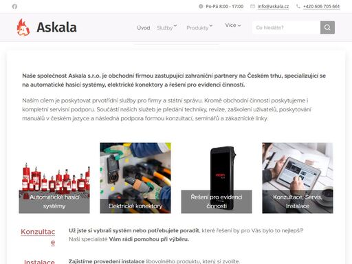 naše společnost askala s.r.o. je obchodní firmou zastupující zahraniční partnery na českém trhu, specializující se na automatické hasicí systémy, elektrické konektory a řešení pro evidenci činností.